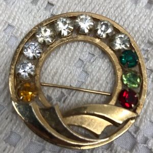 CURTIS CREATIONS Vintage 12k GF Gold Filled Circle Pin Colorful Rhinestones